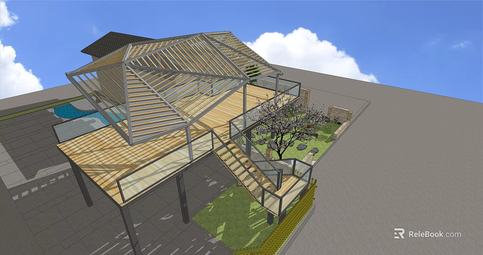 Modern Wooden Pergola Design With Roof Staircase Deck And Outdoor Greenery 3d model 