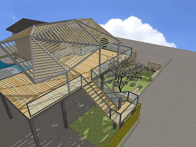 Modern Wooden Pergola Design With Roof Staircase Deck And Outdoor Greenery 3d model