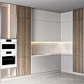 Modern Kitchen Interior Featuring Wooden Grey Striped And Silver Cabinets With Marble Countertop