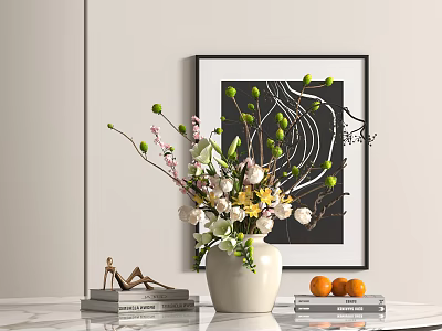 White Vase with Mixed Flowers on Table Stacked Books Oranges and Abstract Wall Art Decor 3d model