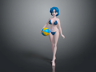 Anime Style Game Character With Blue Hair In Polka Dot Bikini Holding Colorful Beach Ball 3d model