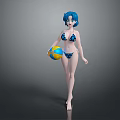 Anime Style Game Character With Blue Hair In Polka Dot Bikini Holding Colorful Beach Ball