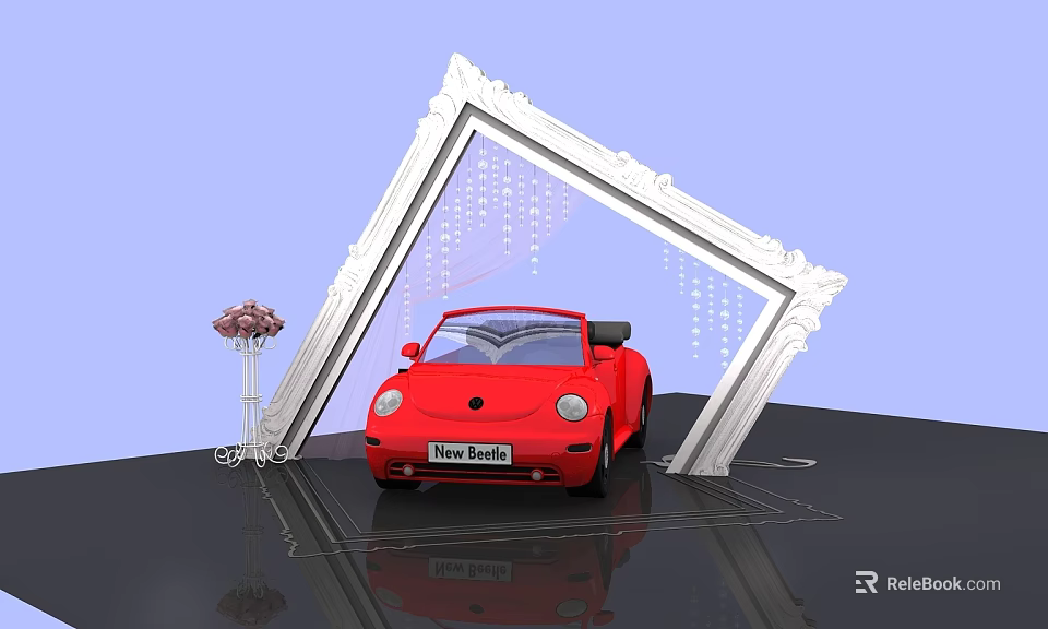 Display Shelf With White Frame Showcasing Red Convertible Car Decorative Bouquet Light Blue Background 3d model 