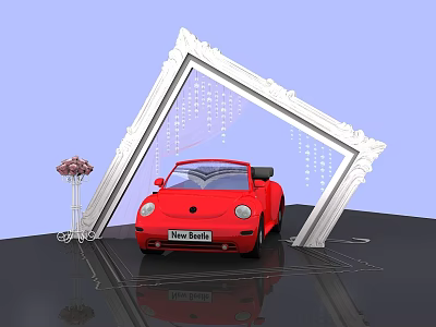 Display Shelf With White Frame Showcasing Red Convertible Car Decorative Bouquet Light Blue Background 3d model