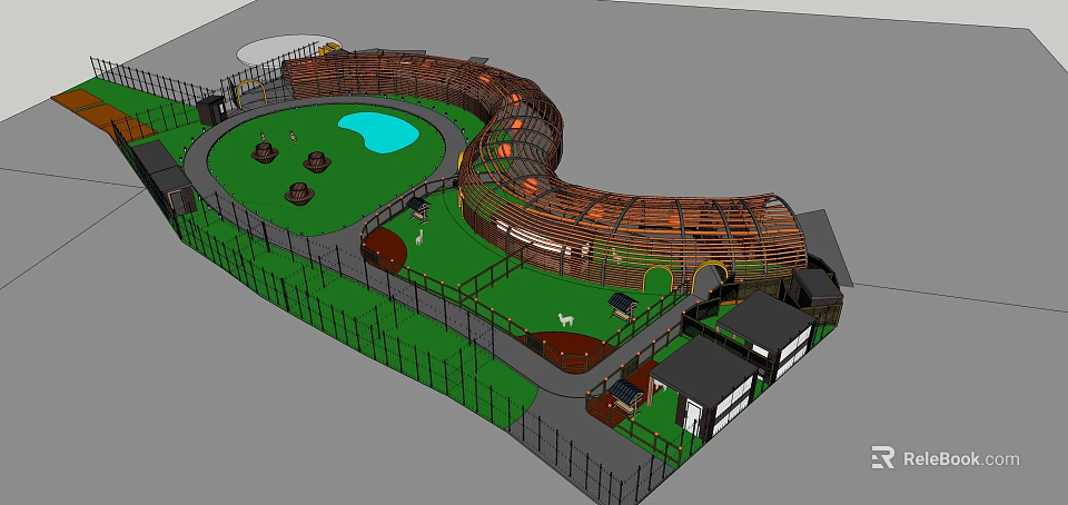 Zoo Animal Habitat With Enclosed Area Green Grass Water Pond And Curved Wooden Structure 3d model 