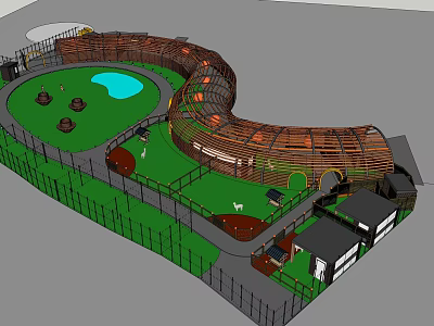 Zoo Animal Habitat With Enclosed Area Green Grass Water Pond And Curved Wooden Structure 3d model