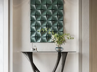 Stylish Console Table With Green Geometric Wall Art And Potted Plant Decor 3d model