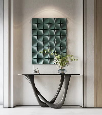 Stylish Console Table With Green Geometric Wall Art And Potted Plant Decor 3d model