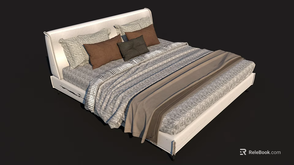 White Double Bed With Upholstered Headboard Brown Gray Pillows And Striped Bedspread 3d model