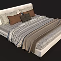 White Double Bed With Upholstered Headboard Brown Gray Pillows And Striped Bedspread 3d model