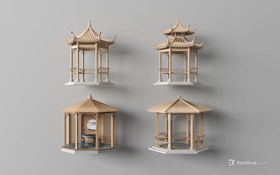 Chinese Traditional Wooden Pavilion Models With Different Roof Designs And Structures 3d model 