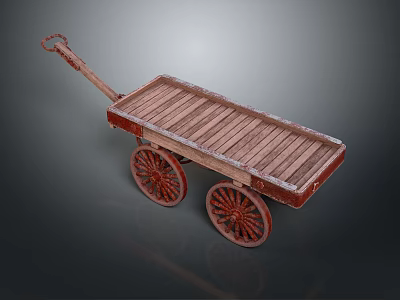 Vintage Wooden Cart With Flatbed Design Two Spoked Wheels And Handle 3d model