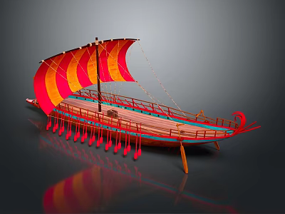 Traditional Wooden Boat With Red And Orange Sails And Red Decorative Tassel Details 3d model