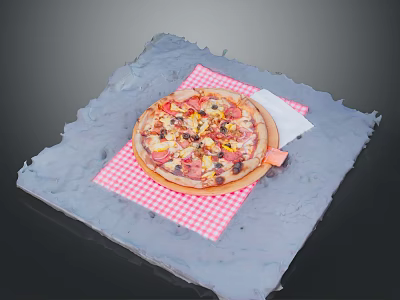 Tasty Pizza With Pepperoni Mushrooms Topping On Wooden Board Red Checkered Cloth 3d model