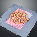 Tasty Pizza With Pepperoni Mushrooms Topping On Wooden Board Red Checkered Cloth