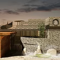 Outdoor Relaxation Area With Stone Walls Wooden Pavilion Water Feature And Green Plants