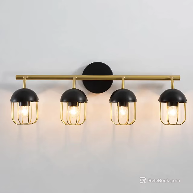 Modern Four Light Wall Sconce With Black Shades And Golden Cage Design On White Wall 3d model 