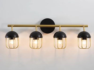 Modern Four Light Wall Sconce With Black Shades And Golden Cage Design On White Wall 3d model