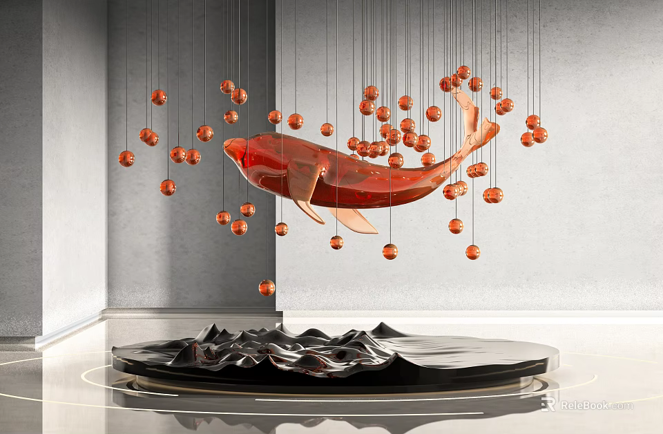 Red Fish Shaped Hanging Decor With Small Red Spheres And Black Wavy Base 3d model 