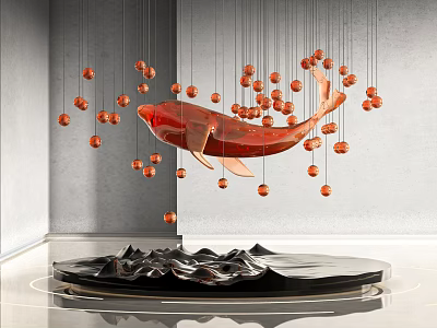 Red Fish Shaped Hanging Decor With Small Red Spheres And Black Wavy Base 3d model