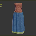 Strapless Long Dress Featuring Orange Diamond Pattern And Blue Textured Skirt With Trim