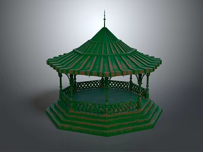 Traditional Green Octagonal Gazebo With Carved Railings Spire Top And Steps 3d model