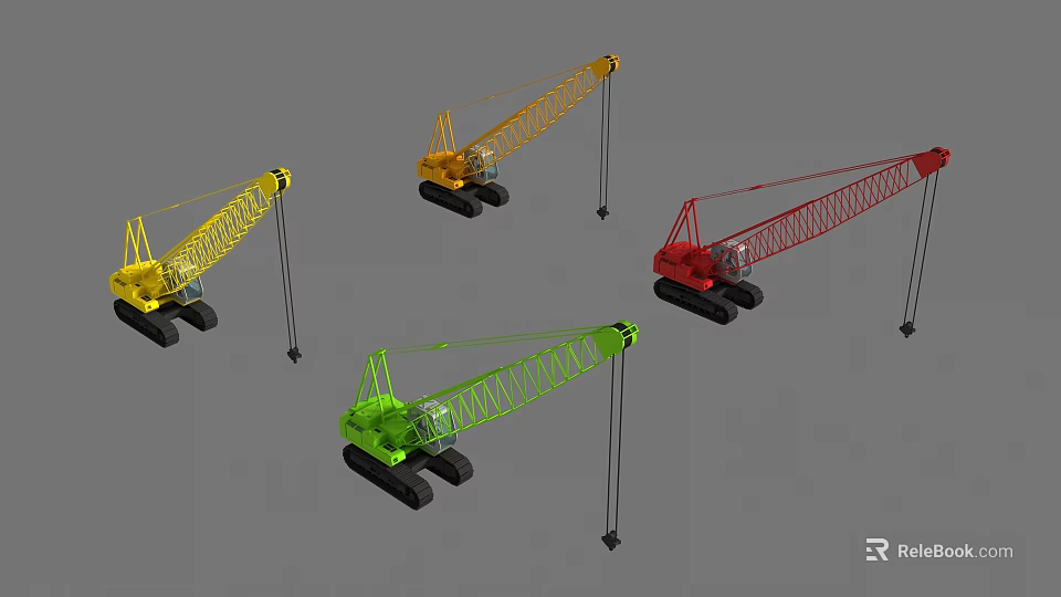 Yellow Red Green Tracked Cranes With Long Booms And Four Units 3d model 