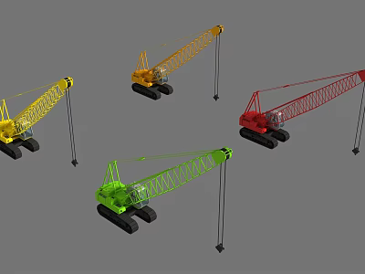 Yellow Red Green Tracked Cranes With Long Booms And Four Units 3d model