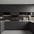 Modern Kitchen Interior With Dark Cabinets Marble Backsplash Stove And Appliances 3d model