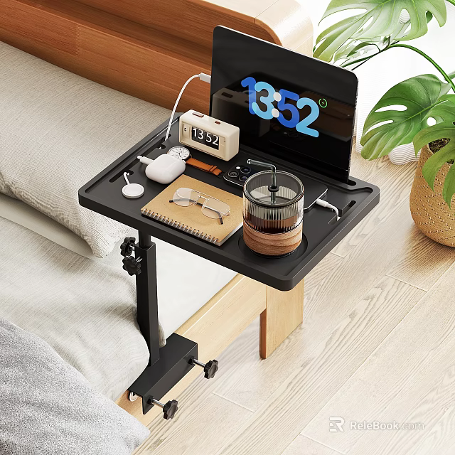 Adjustable Bedside Shelf with Laptop Alarm Clock Teacup Glasses Notebook and Coffee Maker 3d model