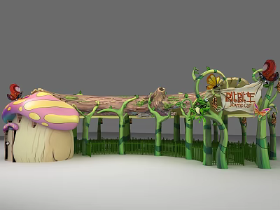 Fairy Tale Garden Landscape with Mushroom House Tree Trunk Green Vines Fence Ant Kingdom Sign 3d model