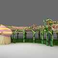 Fairy Tale Garden Landscape with Mushroom House Tree Trunk Green Vines Fence Ant Kingdom Sign