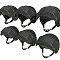 Multiple Protective Tactical Helmets With Visors And Camouflage Dark Color Designs