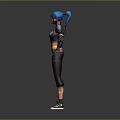 Blue Haired Female Character With Mechanical Arm Blue Top Black Pants And Sneakers