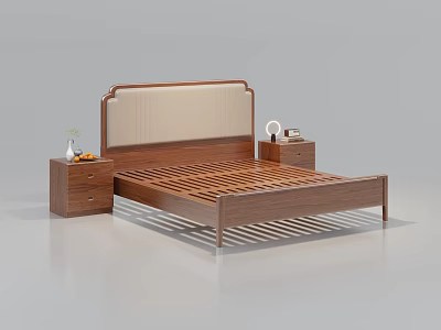 Modern Double Bed With Wooden Headboard Beige Panel And Nightstands Vase Alarm Clock 3d model