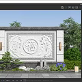 Chinese Style Decorative Wall featuring Central Fulu Relief Ornate Patterns Side Lanterns Rockery and Greenery