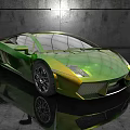 Tech Exhibition Hall Showcasing Sleek Green Lamborghini Sports Car with Modern Reflective Floor