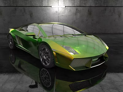 Tech Exhibition Hall Showcasing Sleek Green Lamborghini Sports Car with Modern Reflective Floor 3d model