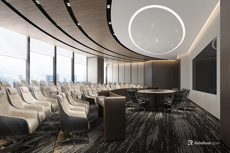Modern Conference Room Interior Design With Large Windows City View Round Table And Comfortable Seats 3d model 