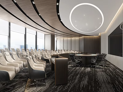 Modern Conference Room Interior Design With Large Windows City View Round Table And Comfortable Seats 3d model