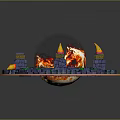 Cartoon Scene Featuring Circular Structure With Flaming Lava Bricks Green Foliage And Yellow Torches
