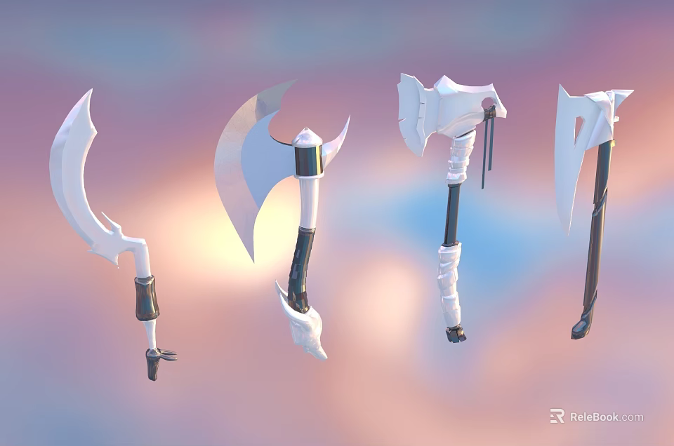Four Unique Battle Axes Featuring Ornate Handles And Modern Fantasy Design 3d model 