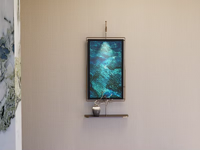 Vibrant Abstract Painting With Blue Green Hues Black Frame On Beige Wall And Shelf Decor 3d model