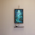 Vibrant Abstract Painting With Blue Green Hues Black Frame On Beige Wall And Shelf Decor
