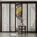 Sliding Doors with Circular Moon Design and Landscape Painting in Chinese Modern Style