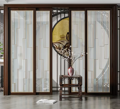 Sliding Doors with Circular Moon Design and Landscape Painting in Chinese Modern Style 3d model