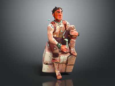 Sitting Character Figurine With Workwear Vest Cargo Pants On Box Platform And Decorative Drops 3d model
