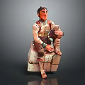 Sitting Character Figurine With Workwear Vest Cargo Pants On Box Platform And Decorative Drops