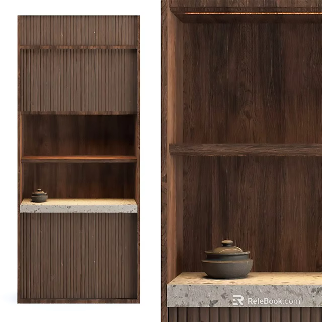 Rustic Wooden Shelf Interior Design With Layered Storage And Decorative Pottery 3d model