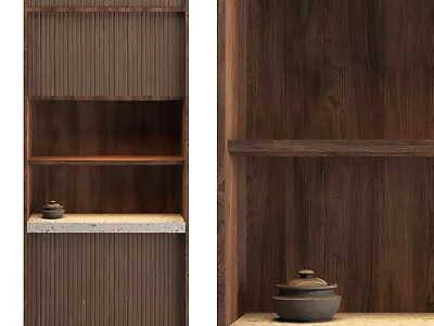 Rustic Wooden Shelf Interior Design With Layered Storage And Decorative Pottery 3d model